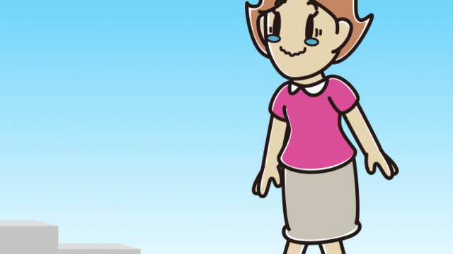 ジーンとしながら階段を上る女性のイラスト【色、背景あり】PNG