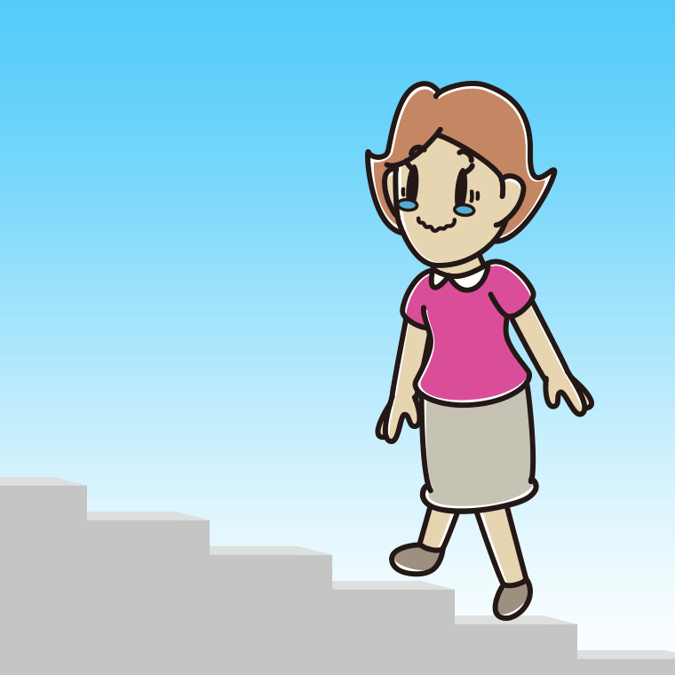 ジーンとしながら階段を上る女性のイラスト【色、背景あり】PNG