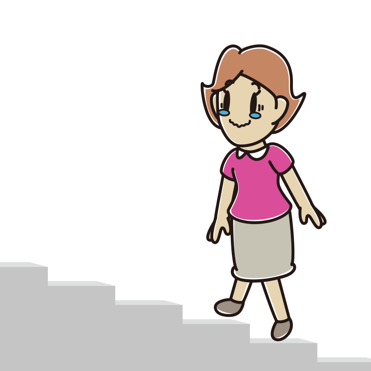ジーンとしながら階段を上る女性のイラスト【色あり、背景なし】透過PNG