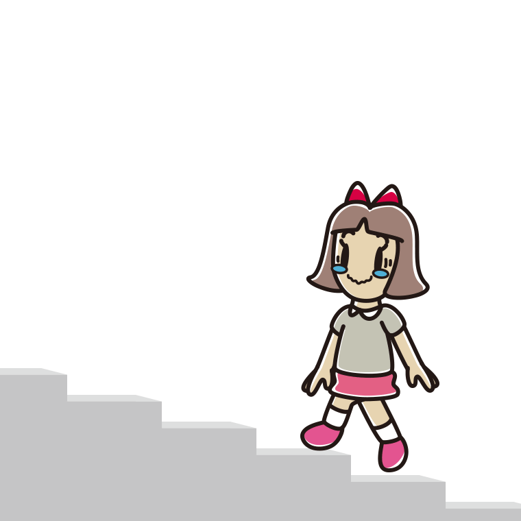 ジーンとしながら階段を上る小学生女子のイラスト【色あり、背景なし】透過PNG