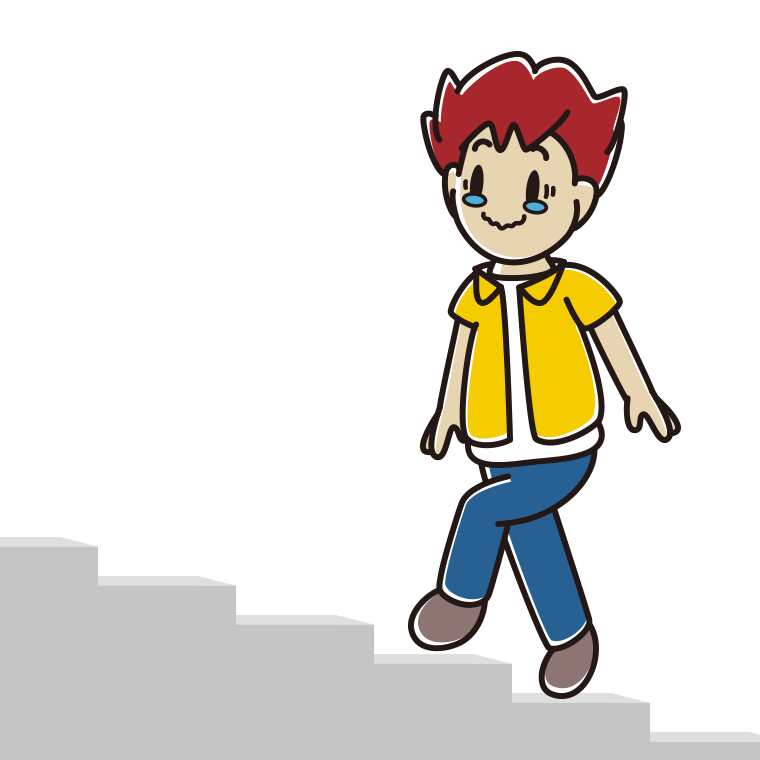 ジーンとしながら階段を上る男子大学生のイラスト【色あり、背景なし】透過PNG