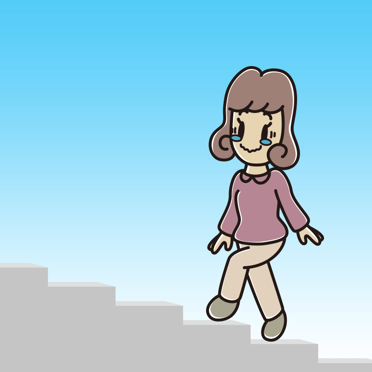 ジーンとしながら階段を上る女子大学生のイラスト【色、背景あり】PNG