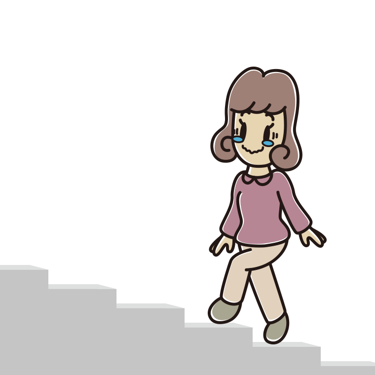 ジーンとしながら階段を上る女子大学生のイラスト【色あり、背景なし】透過PNG