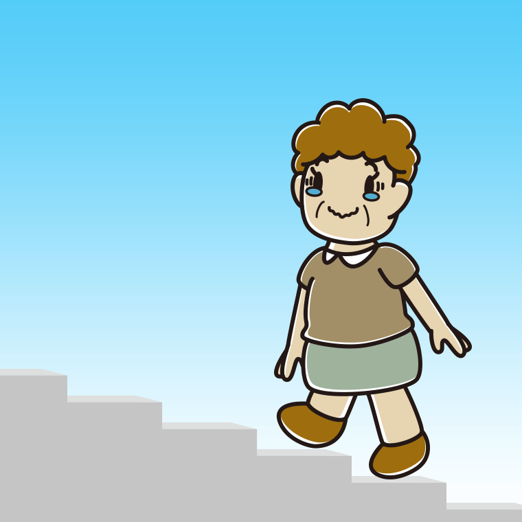 ジーンとしながら階段を上るおばさんのイラスト【色、背景あり】PNG