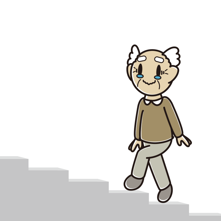 ジーンとしながら階段を上るおじいさんのイラスト【色あり、背景なし】透過PNG