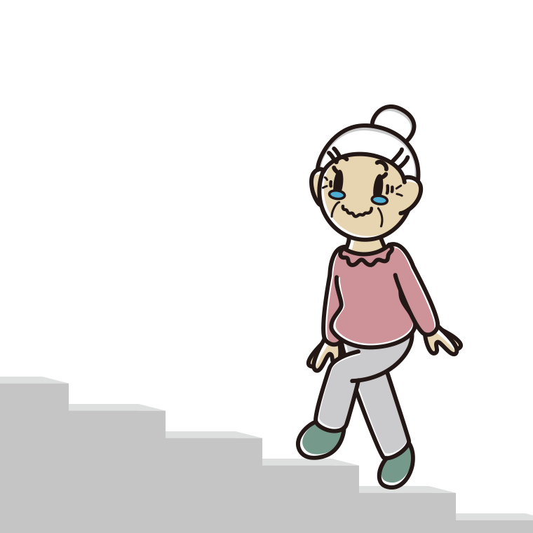 ジーンとしながら階段を上るおばあさんのイラスト【色あり、背景なし】透過PNG