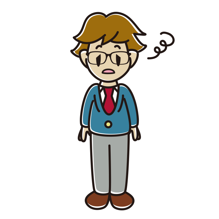 ぼーっとする眼鏡の男子高校生のイラスト【色あり、背景なし】透過PNG