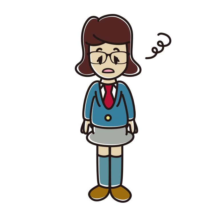 ぼーっとする眼鏡の女子高校生のイラスト【色あり、背景なし】透過PNG