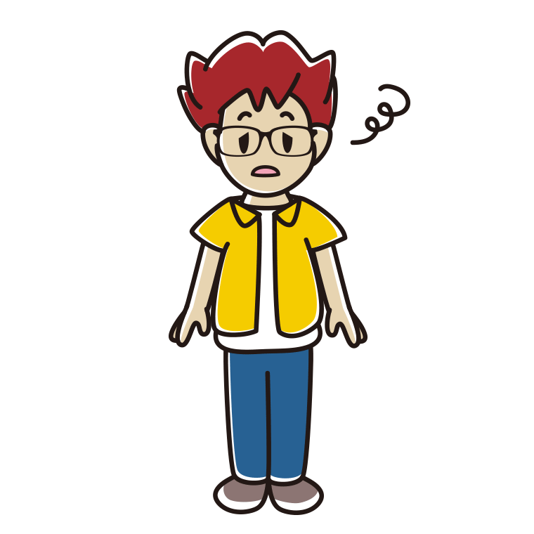 ぼーっとする眼鏡の男子大学生のイラスト【色あり、背景なし】透過PNG
