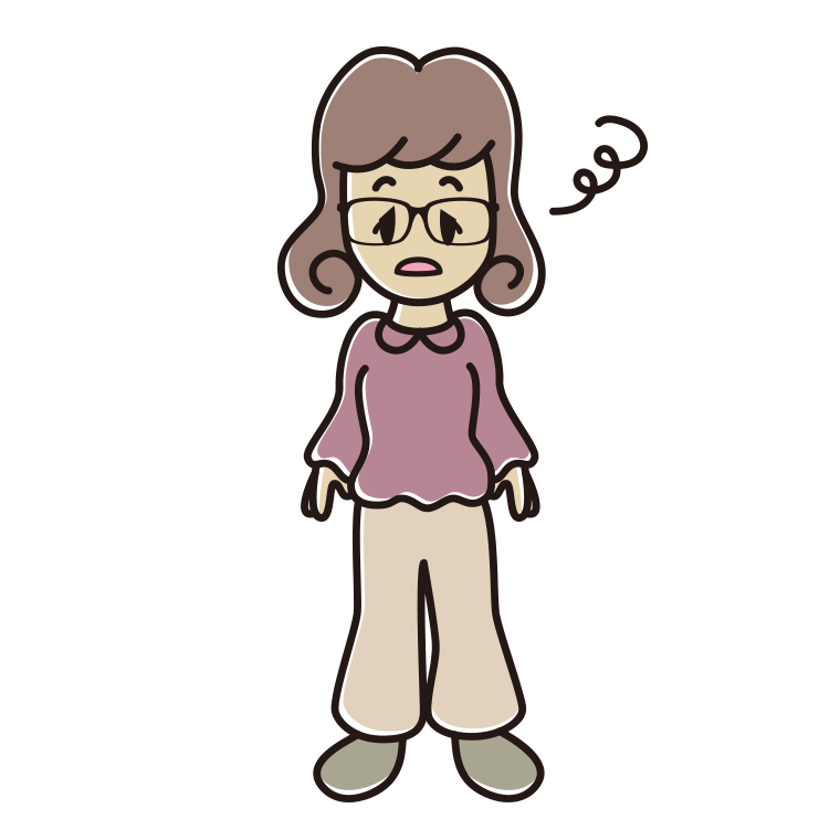 ぼーっとする眼鏡の女子大学生のイラスト【色あり、背景なし】透過PNG