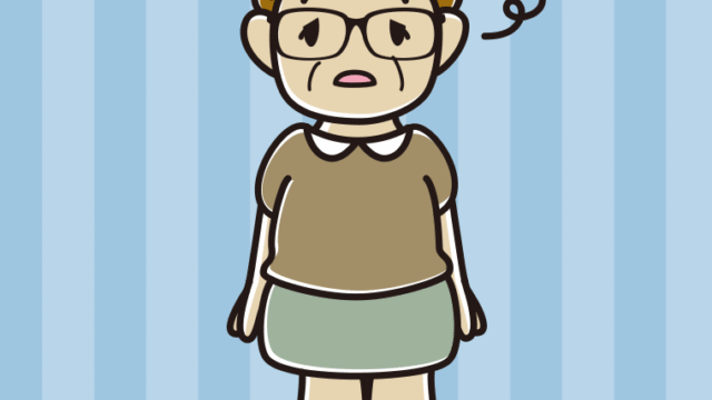 ぼーっとする眼鏡のおばさんのイラスト【色、背景あり】PNG