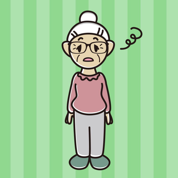 ぼーっとする眼鏡のおばあさんのイラスト【色、背景あり】PNG