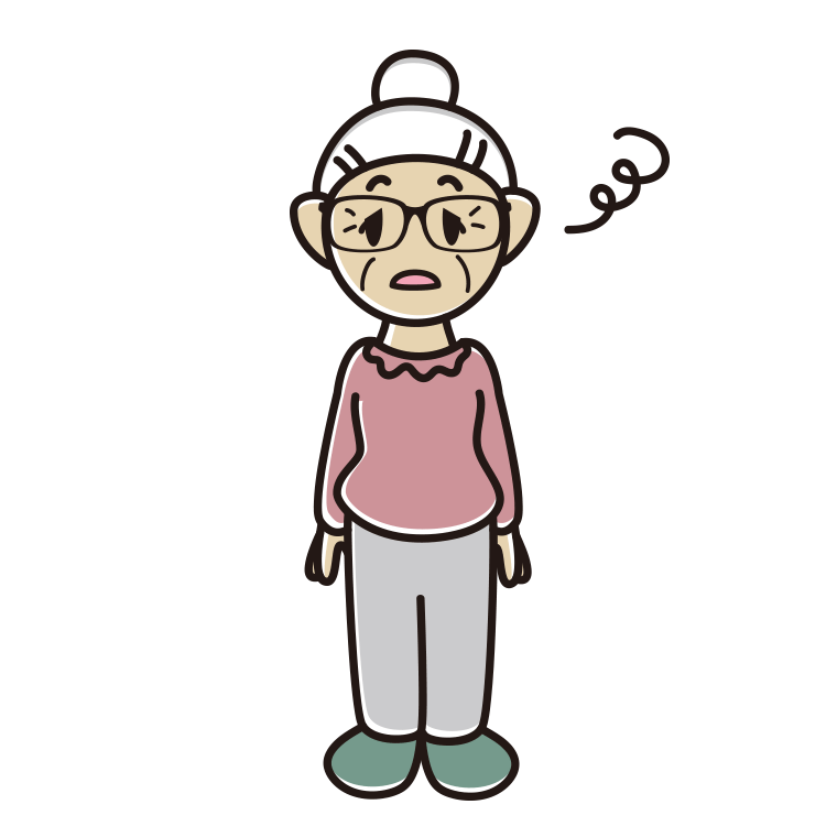 ぼーっとする眼鏡のおばあさんのイラスト【色あり、背景なし】透過PNG
