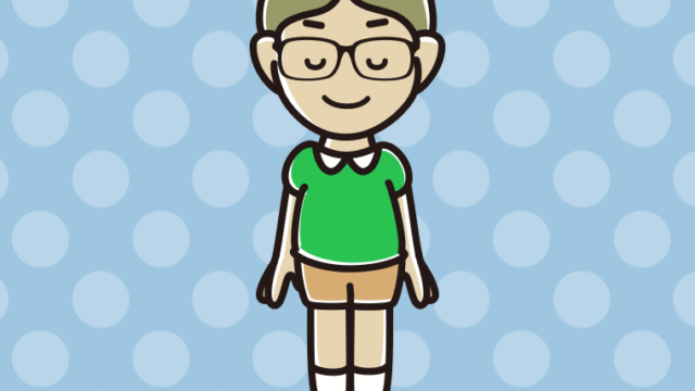 目を閉じる眼鏡の小学生男子のイラスト【色、背景あり】PNG