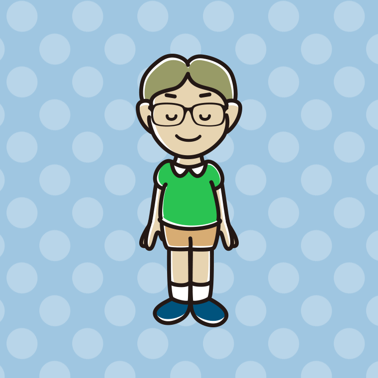 目を閉じる眼鏡の小学生男子のイラスト【色、背景あり】PNG