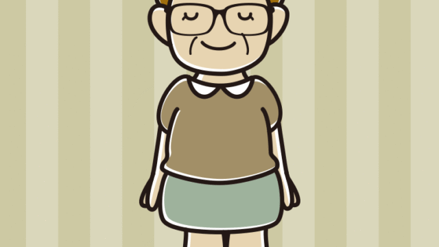 目を閉じる眼鏡のおばさんのイラスト【色、背景あり】PNG