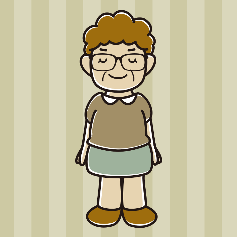 目を閉じる眼鏡のおばさんのイラスト【色、背景あり】PNG