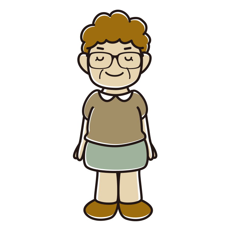 目を閉じる眼鏡のおばさんのイラスト【色あり、背景なし】透過PNG