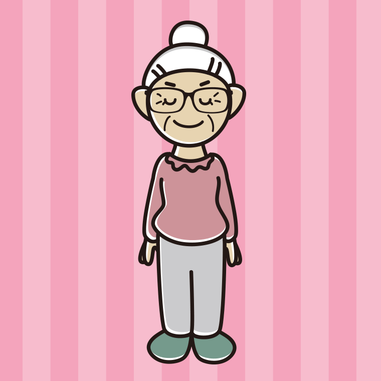 目を閉じる眼鏡のおばあさんのイラスト【色、背景あり】PNG