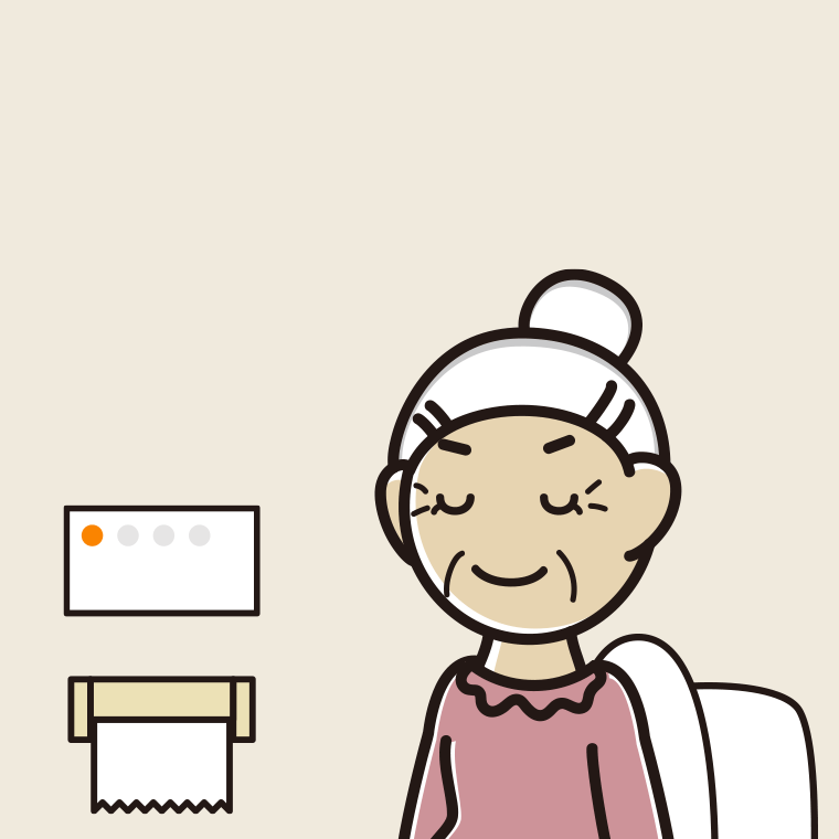 トイレで目を閉じるおばあさんのイラスト【色、背景あり】PNG