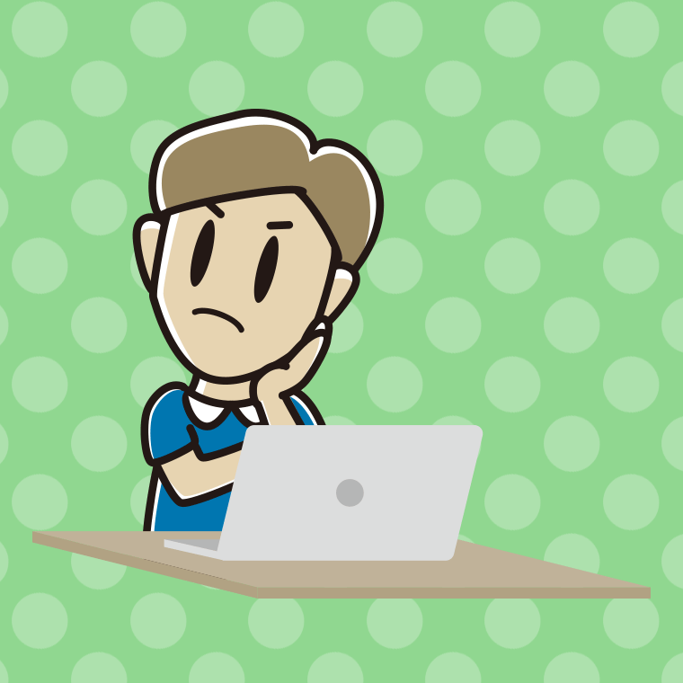 パソコン使用中に考える男性のイラスト【色、背景あり】PNG