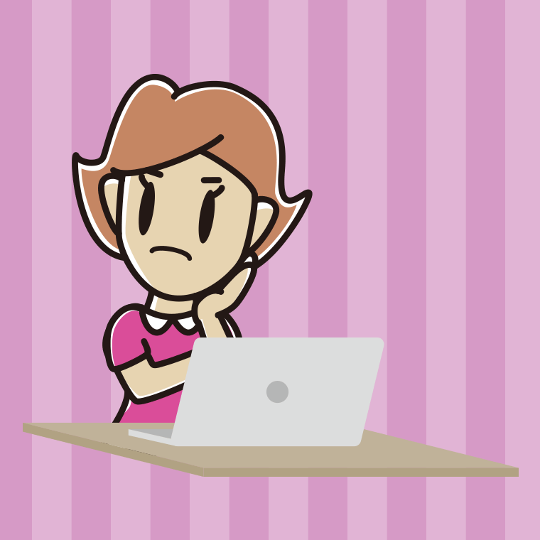 パソコン使用中に考える女性のイラスト【色、背景あり】PNG