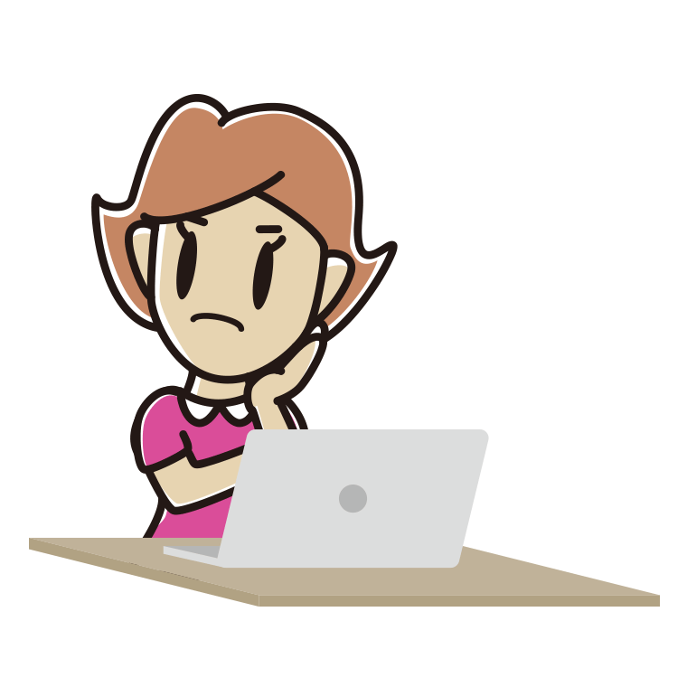 パソコン使用中に考える女性のイラスト【色あり、背景なし】透過PNG