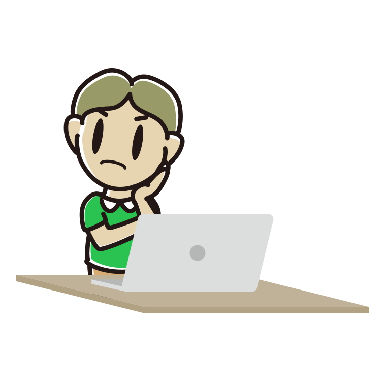 パソコン使用中に考える小学生男子のイラスト【色あり、背景なし】透過PNG