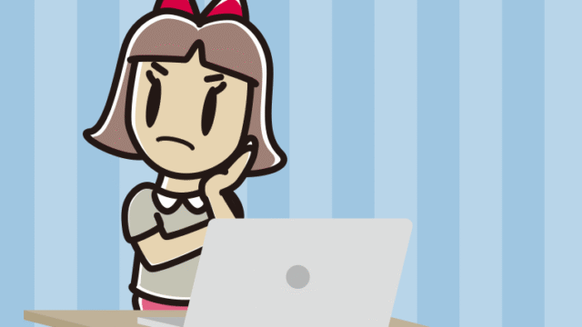 パソコン使用中に考える小学生女子のイラスト【色、背景あり】PNG