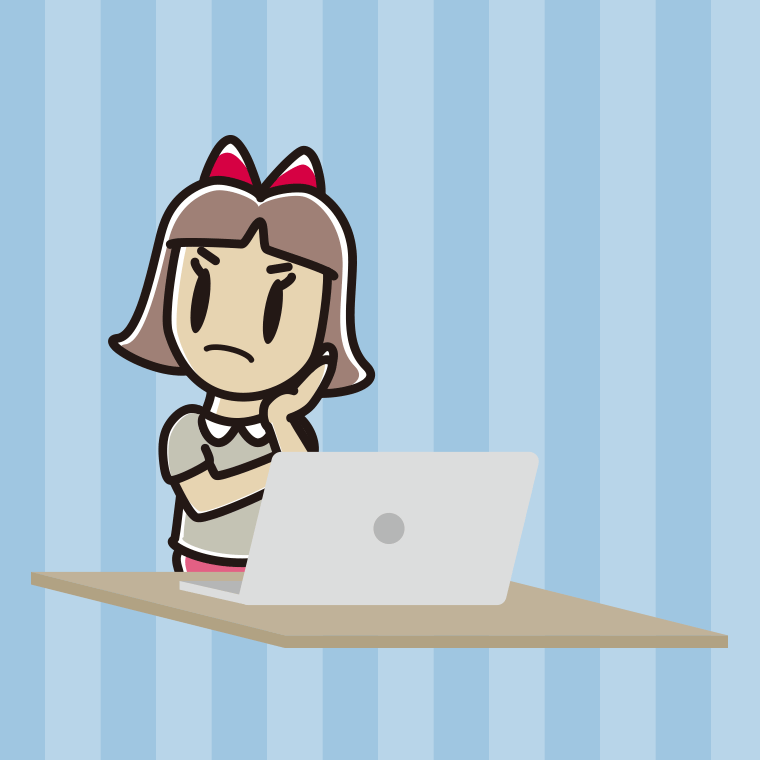 パソコン使用中に考える小学生女子のイラスト【色、背景あり】PNG