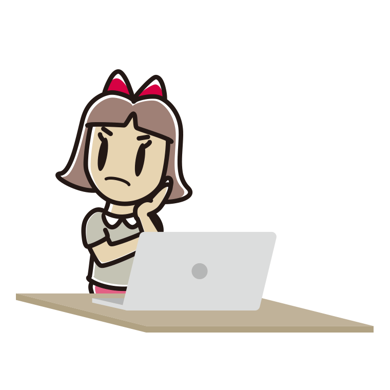 パソコン使用中に考える小学生女子のイラスト【色あり、背景なし】透過PNG