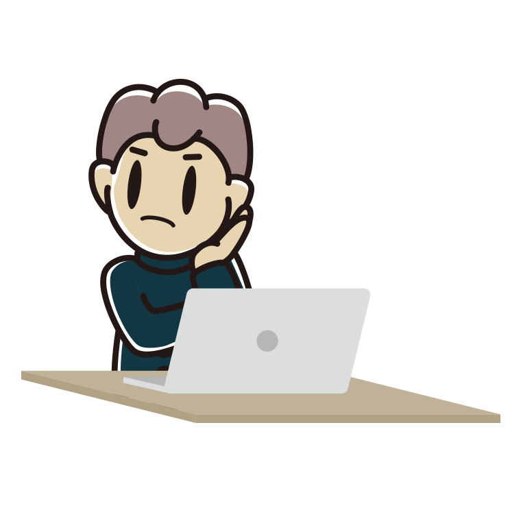 パソコン使用中に考える男子中学生のイラスト【色あり、背景なし】透過PNG