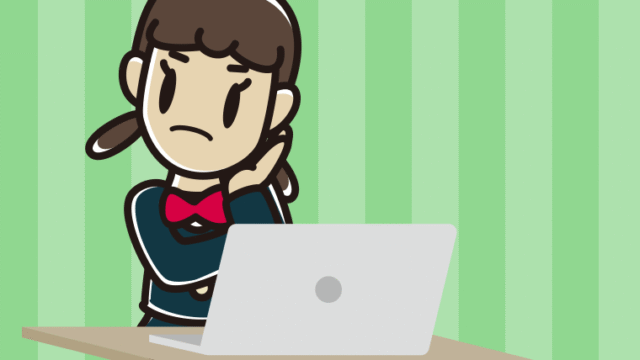 パソコン使用中に考える女子中学生のイラスト【色、背景あり】PNG