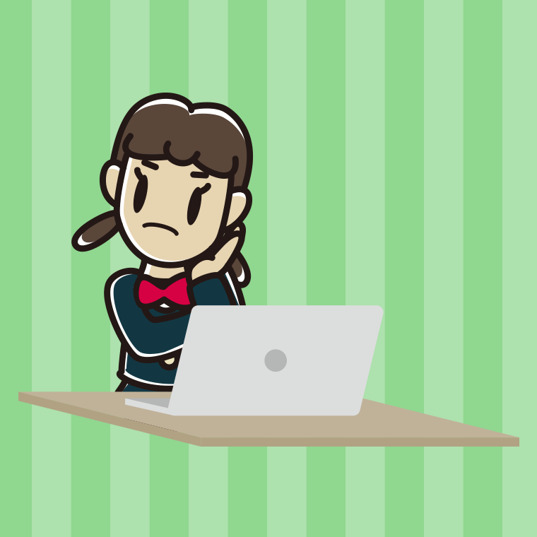 パソコン使用中に考える女子中学生のイラスト【色、背景あり】PNG