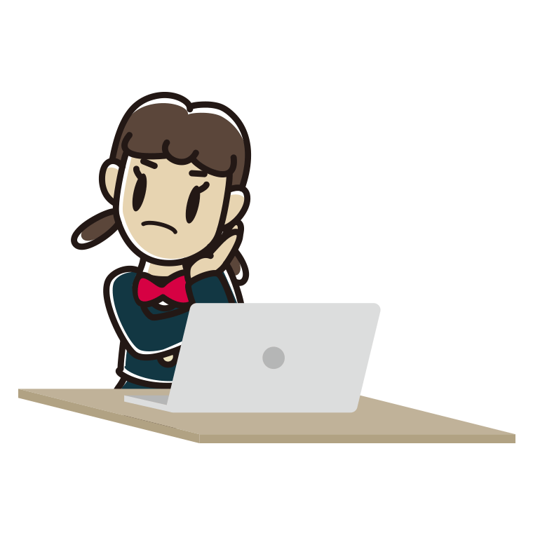 パソコン使用中に考える女子中学生のイラスト【色あり、背景なし】透過PNG