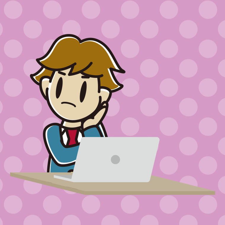 パソコン使用中に考える男子高校生のイラスト【色、背景あり】PNG