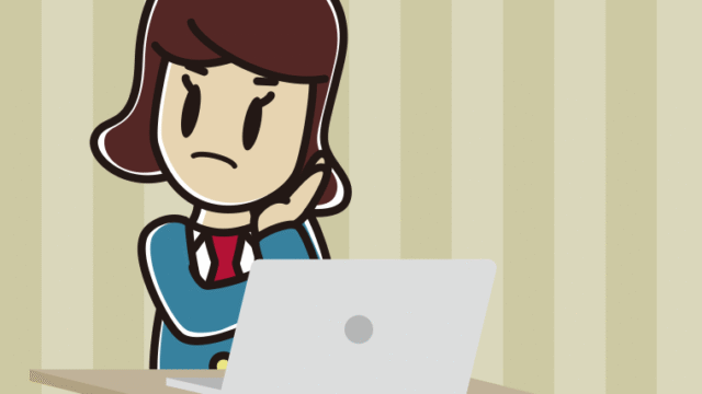 パソコン使用中に考える女子高校生のイラスト【色、背景あり】PNG