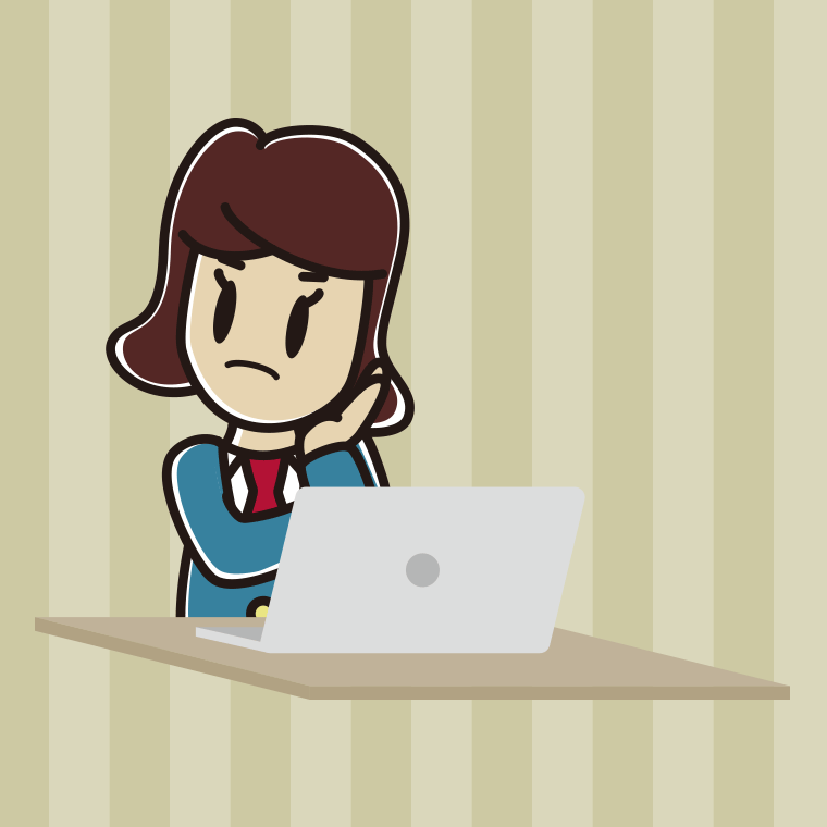 パソコン使用中に考える女子高校生のイラスト【色、背景あり】PNG