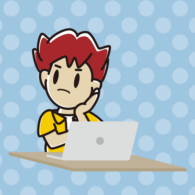 パソコン使用中に考える男子大学生のイラスト【色、背景あり】PNG