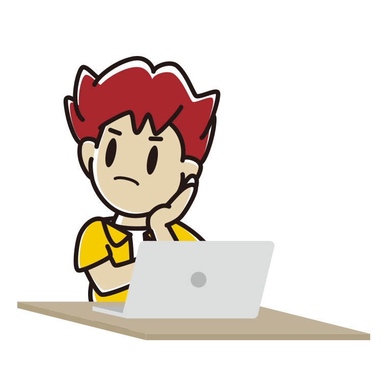 パソコン使用中に考える男子大学生のイラスト【色あり、背景なし】透過PNG