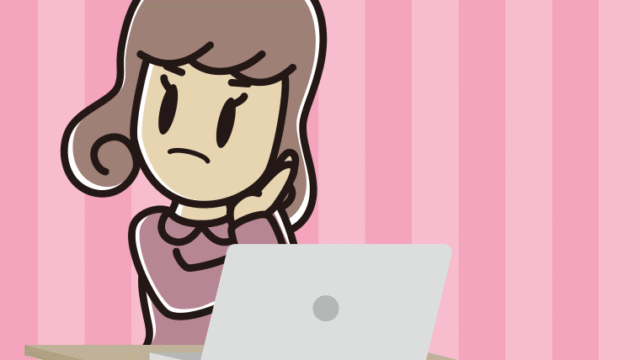 パソコン使用中に考える女子大学生のイラスト【色、背景あり】PNG