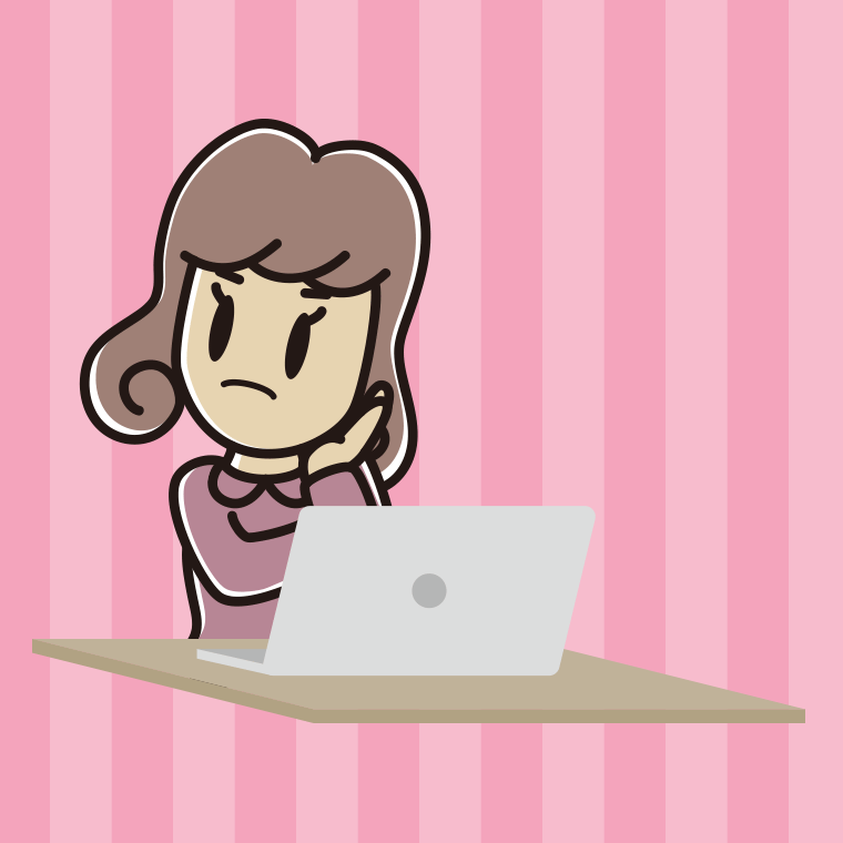 パソコン使用中に考える女子大学生のイラスト【色、背景あり】PNG