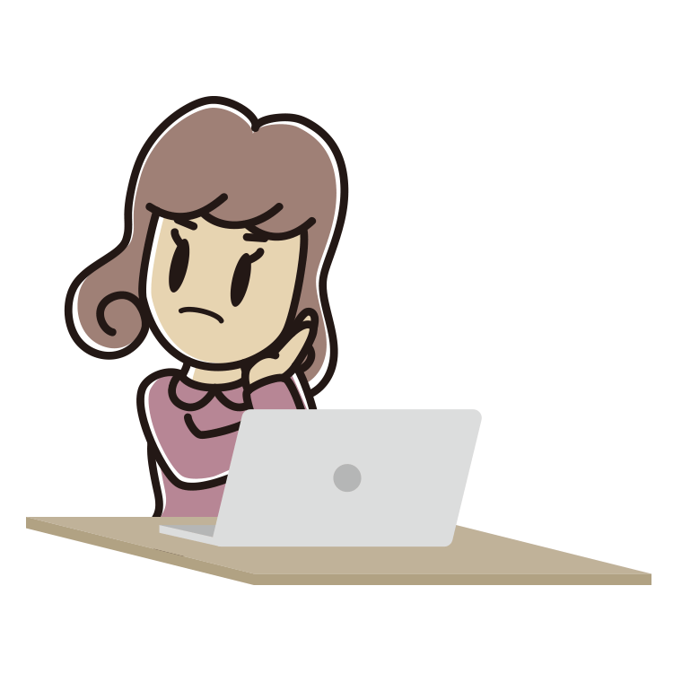 パソコン使用中に考える女子大学生のイラスト【色あり、背景なし】透過PNG
