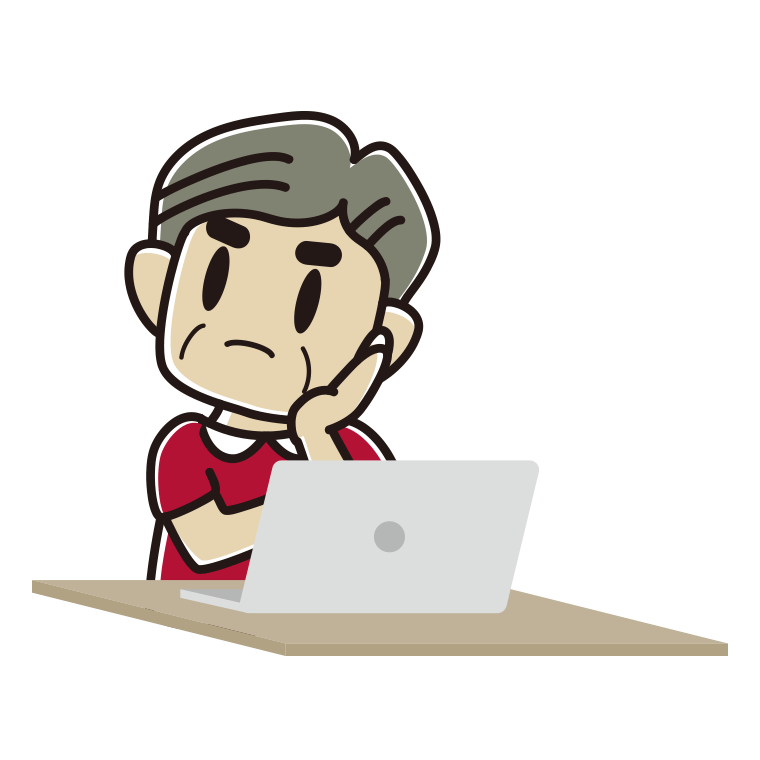 パソコン使用中に考えるおじさんのイラスト【色あり、背景なし】透過PNG