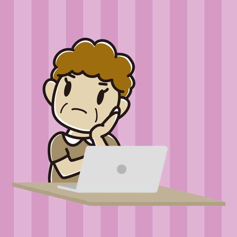 パソコン使用中に考えるおばさんのイラスト【色、背景あり】PNG
