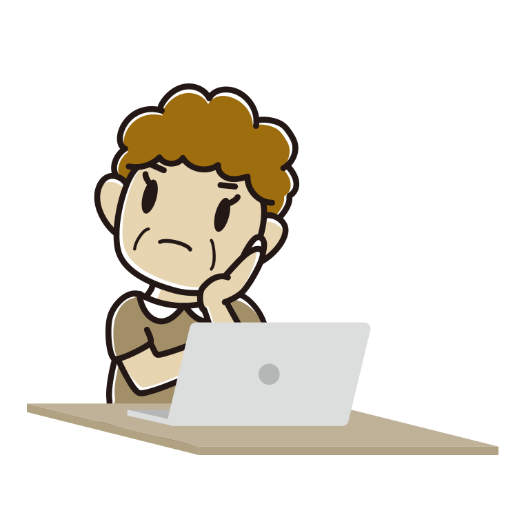 パソコン使用中に考えるおばさんのイラスト【色あり、背景なし】透過PNG