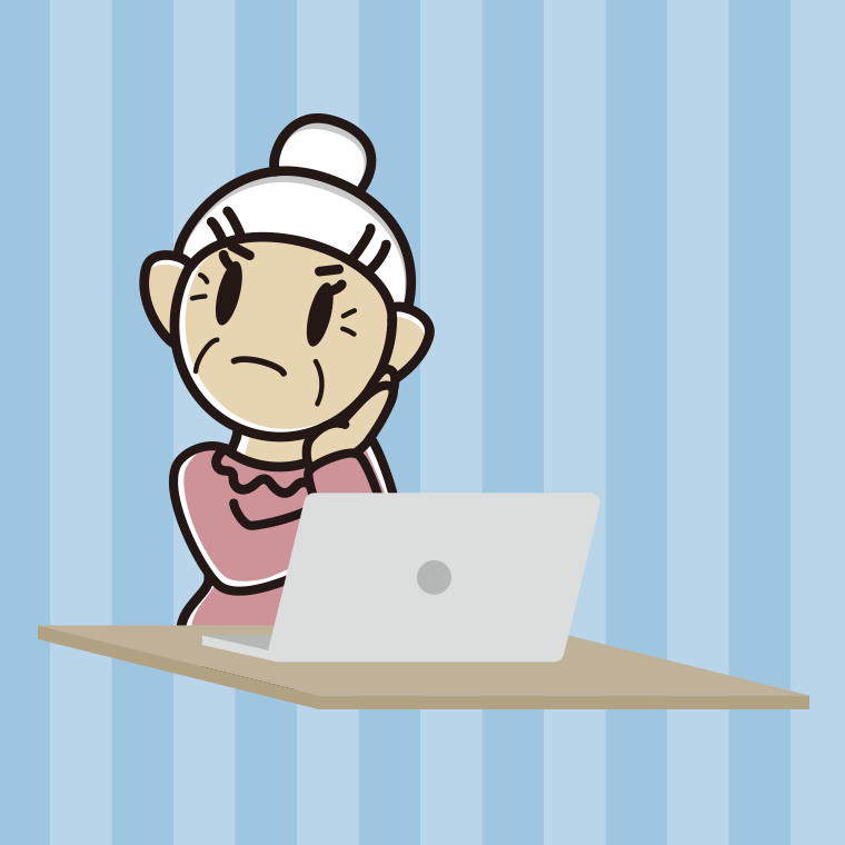 パソコン使用中に考えるおばあさんのイラスト【色、背景あり】PNG