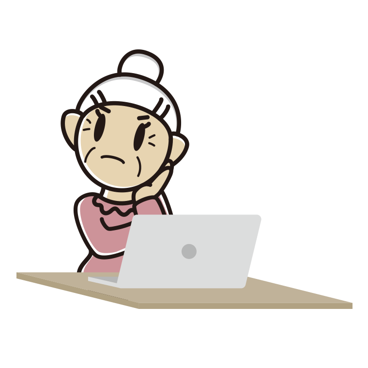パソコン使用中に考えるおばあさんのイラスト【色あり、背景なし】透過PNG