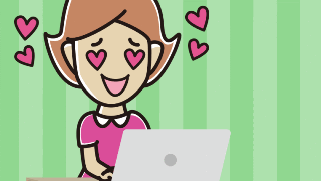 パソコンを見て目がハートになる女性のイラスト【色、背景あり】PNG