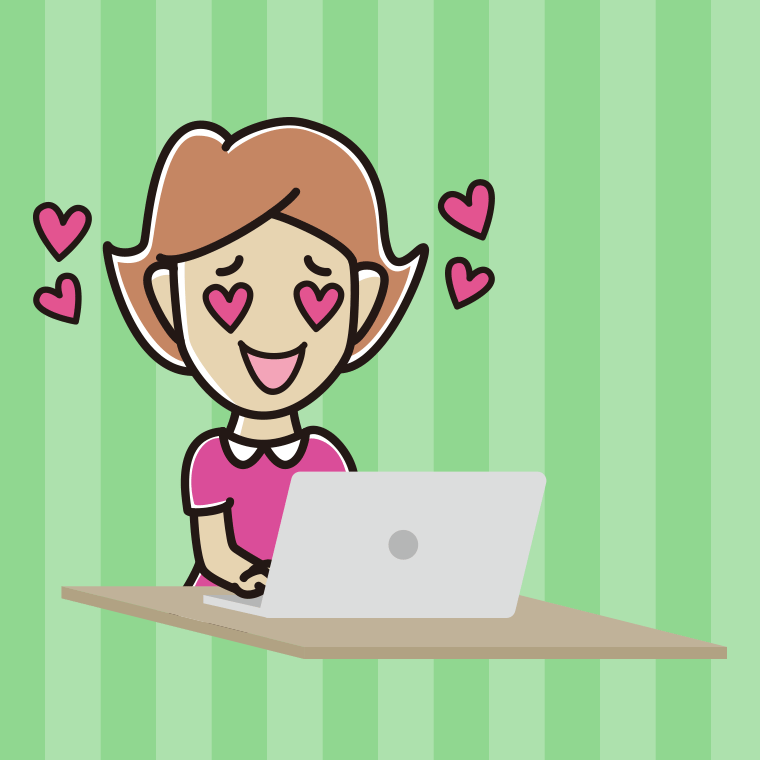 パソコンを見て目がハートになる女性のイラスト【色、背景あり】PNG